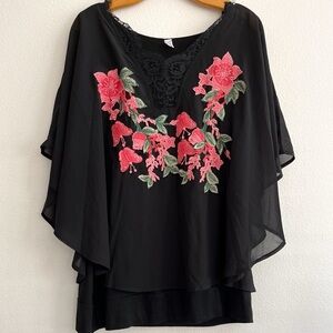 Nextmia Tunic Top Women’s Size 18 Black Floral 3D Embroidery Lace Sheer
